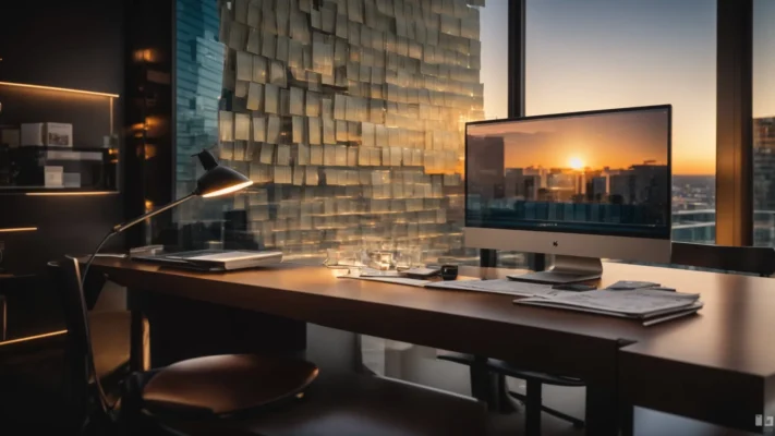 a sleek, modern workspace featuring a dramatic backdrop of gleaming euro banknotes cascading from above, illuminated by soft, warm lighting that enhances the vibrant colors and textures of the currency.